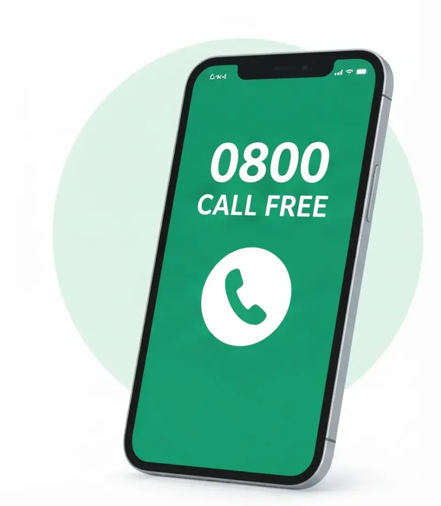Smartphone mockup displaying an 0800 freephone number and call icon highlighting Answerpoint freephone business telephone services