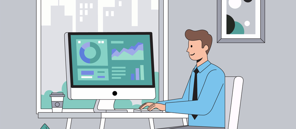 Illustrated vector graphic of a business professional working at a computer desk analyzing data charts and metrics
