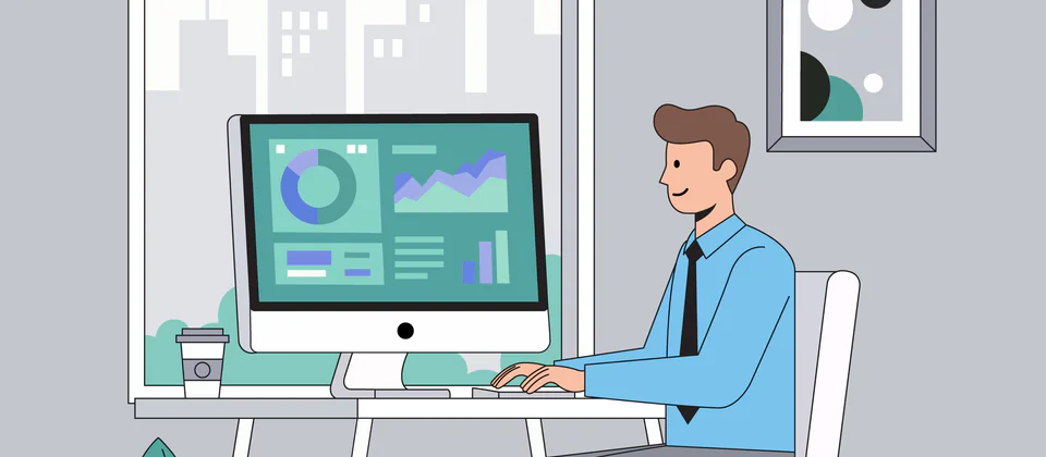 An illustrated vector graphic of a professional working at a desk facing a large computer monitor displaying data analytics, pie charts, and performance graphs