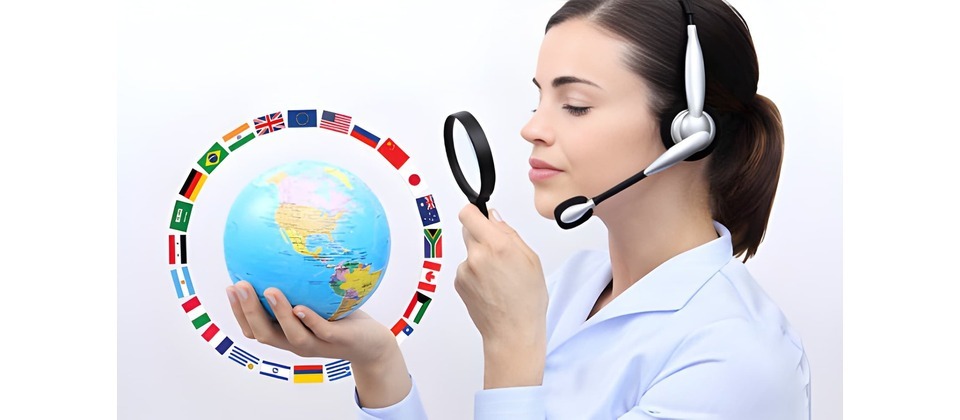 A customer support representative wearing a headset and holding a globe surrounded by international flags, symbolizing global customer service.