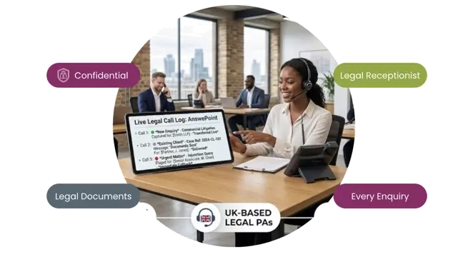 A smiling UK legal receptionist wearing a headset at a desk, pointing to a tablet screen displaying a legal call log and surrounded by feature badges for Confidentiality and Legal PAs