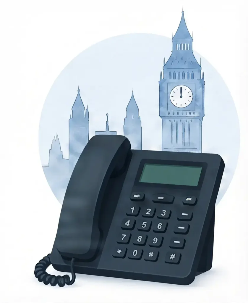 Digital illustration of a professional desk telephone with the London Big Ben landmark in the background symbolizing UK business call answering