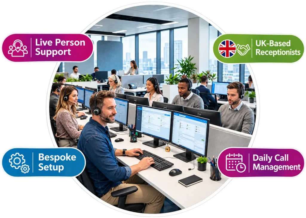 Answerpoint team members wearing headsets managing live business calls and customer enquiries from a UK office